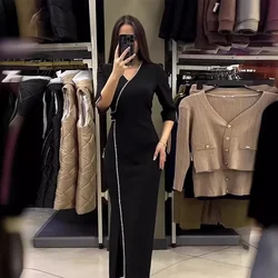 Women's Maxi Dresses Summer Stylish Y2k Sexy  V-neck Hot Drill Slim Style Split Seven-point Sleeve Long Dress 2024 Summer Dress