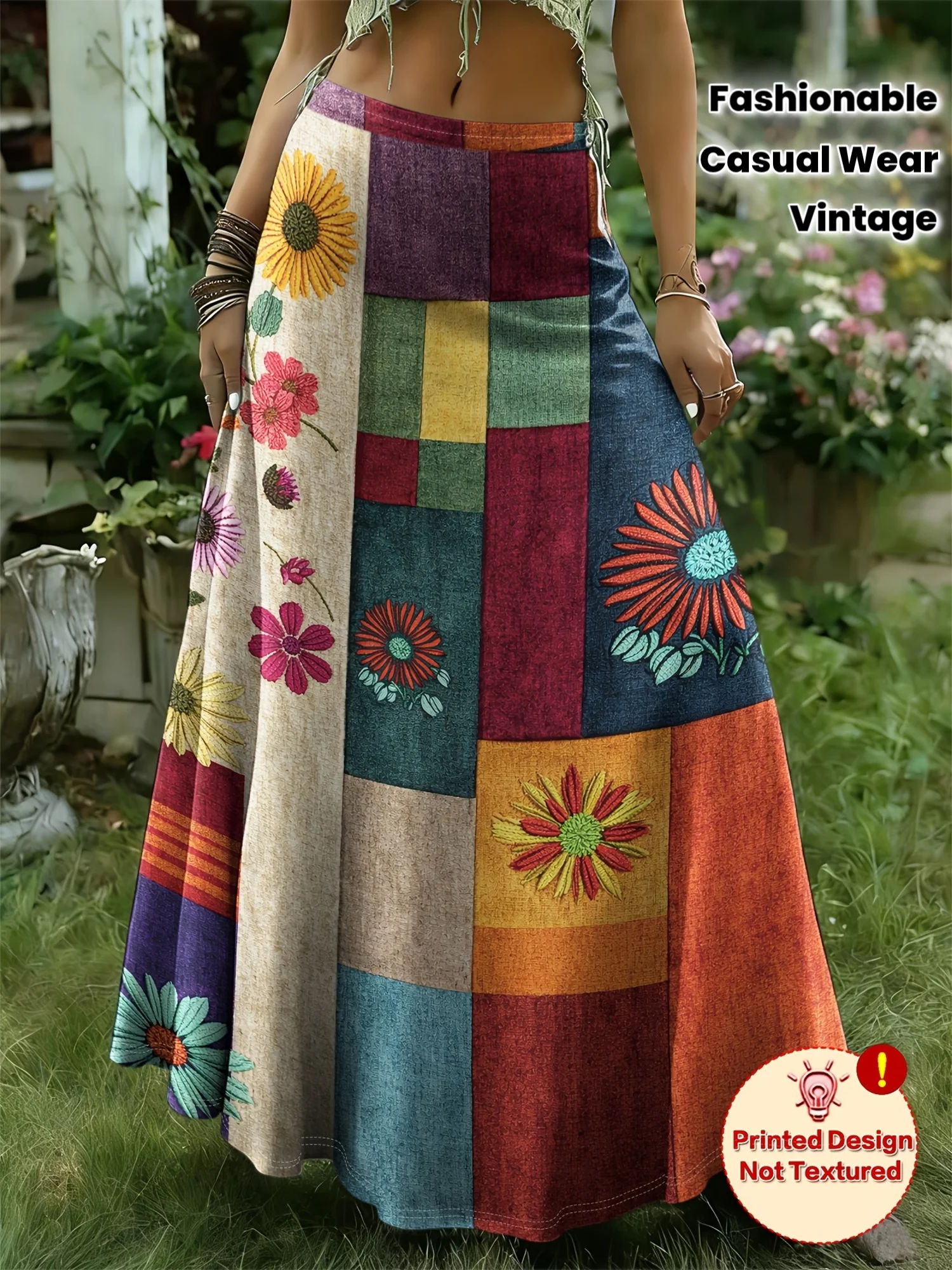 Not Textured Women's Plus Size Elegant Bohemian Style  Vintage Floral Pattern Printed Skirt - Fashionable and Versatile Design