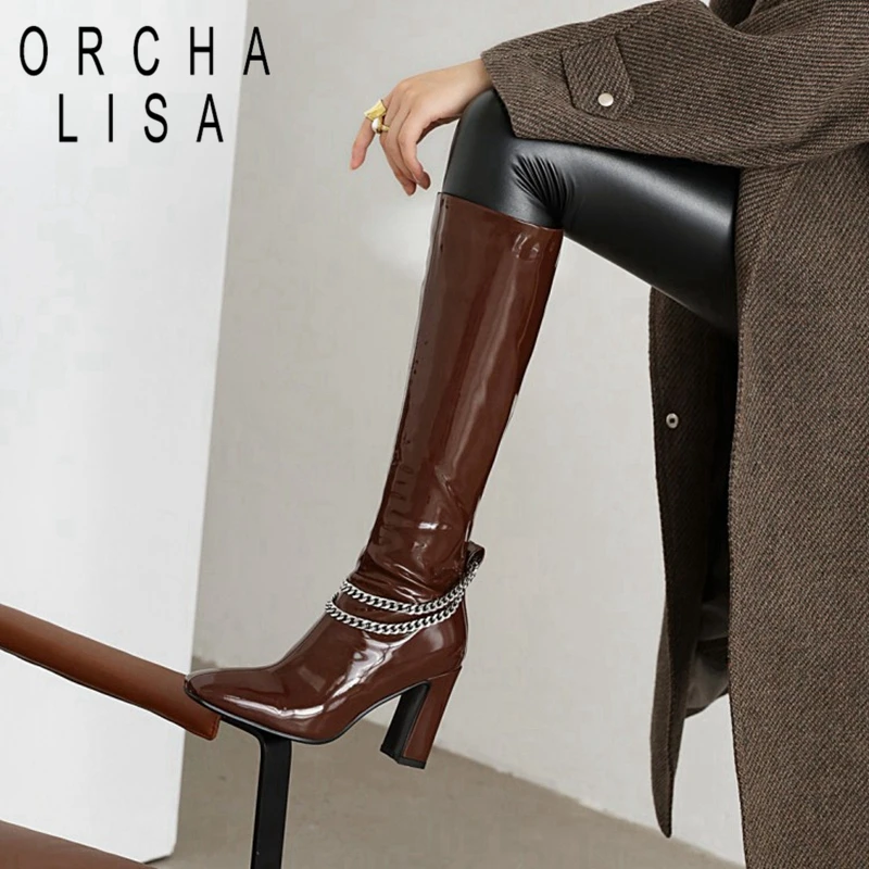 ORCHALISA Winter Knee-high Boots Square Toe Chunky heels Patent Leather Zipper Chain Metal Big size 34-48 Red Casual C2043