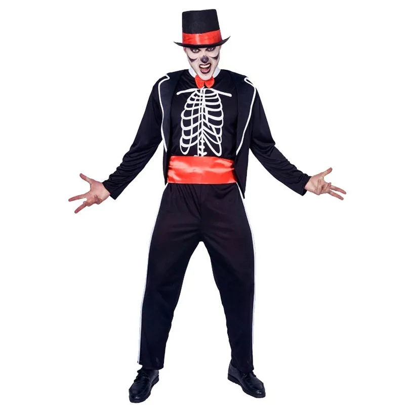 Men Halloween Evil Skeleton Magician Costumes Azrael Day of the Dead Cosplay Carnival Purim Nightclub Bar Role Play Party Dress