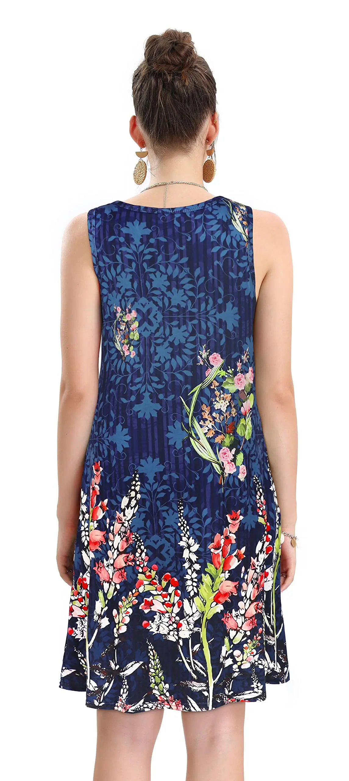 Vestido estampado feminino na altura do joelho azul escuro, colete sem mangas, vestido de bolso confortável e solto, tendência casual, verão, 2024