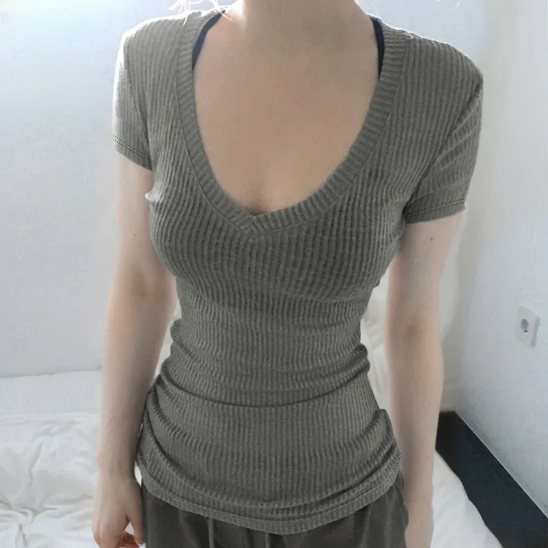 

Solid Color Deep V-neck Short Sleeve T-shirt Summer Thin Women's Top Thread Slim Fit Short Sleeve Tee Korean Women Clothing