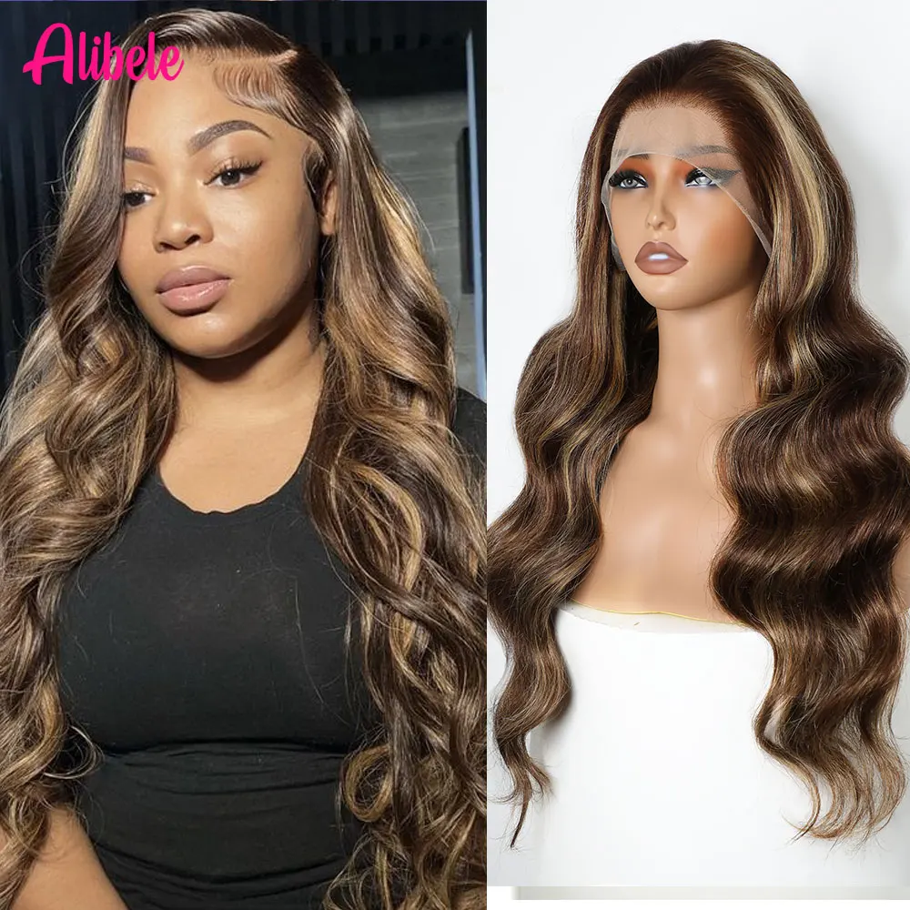 

12A Alibele Body Wave 13x4 Lace Frontal Wig Highlight P4/27 Colored Wigs Transparent Lace Front Wig Ombre Honey Blonde Brown Wig