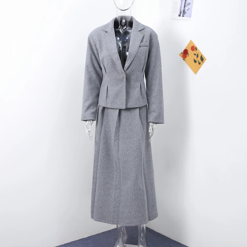 Description Picture 4 of itemElegant Woolen Coat Skirts Set Women Grey Lapel Hidden Buckle Blazers Pleated Skirt 2024 Autumn Winter New Lady Office Outfits