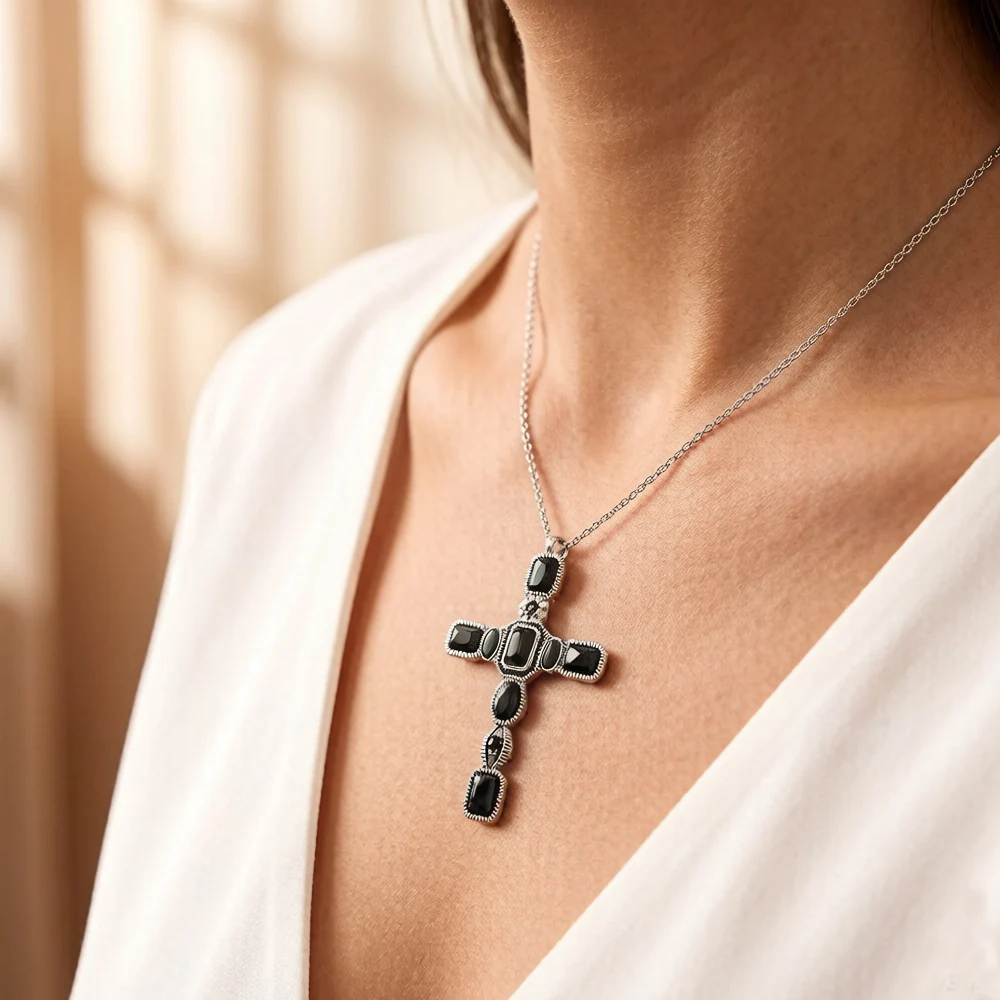 Cross Black Stone Pendant,Brand New 925 Sterling Silver Vintage Jewelry Accessories Graceful Faith Gift For Woman