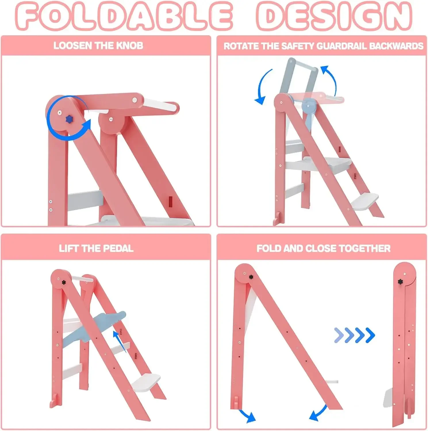 Toddler Kitchen Stool Helper, Tower with 3 Adjustable Height, Wooden Step Stool, Collapsible