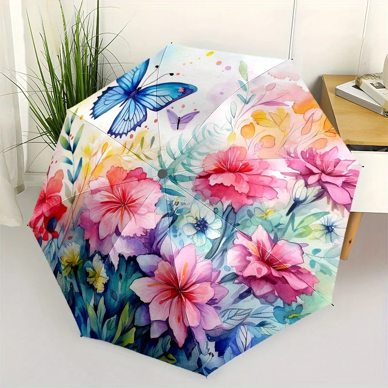 

Automatic Open Compact Umbrella - Floral & Butterfly print with Pink, Blue, Green, Orange, Purple - Lightweight Travel Umbrell
