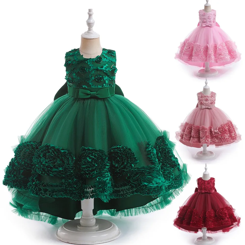 

Girls Clothes Evening Dress Party Girls Flowers Long Tail Christmas Halloween Rostte Ruffles Sleevess Robe Rouge Enfant Fille