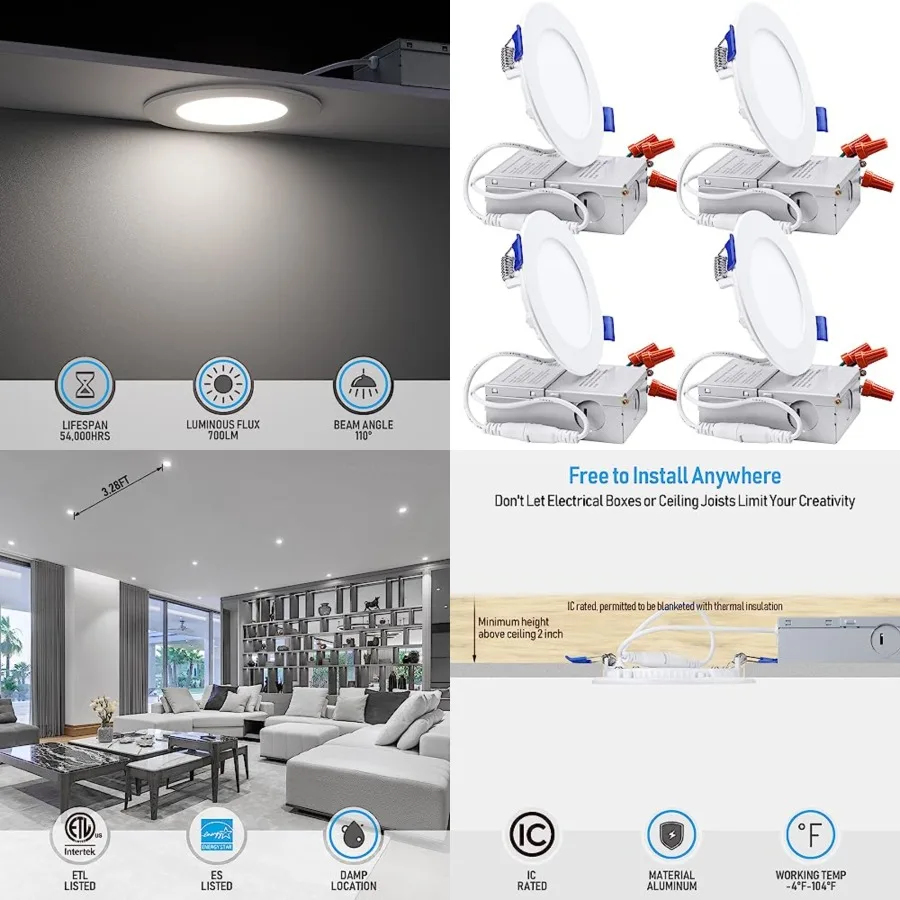 

4 Inch Ultra-Thin LED Recessed Light with Junction Box, 5000K Daylight, 10W 80W Eqv. Dimmable Slim LED Downlight, ETL and Energ