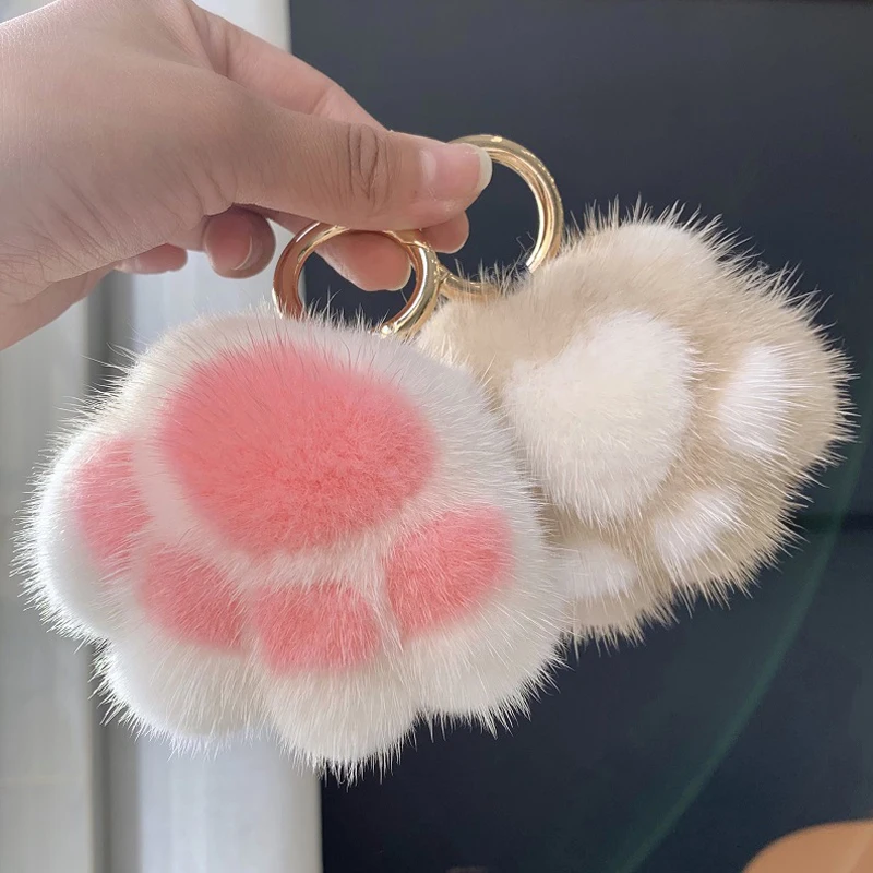 Women Car Key Pendant Faux Mink Fur Keychain Girl Cute Plush Cat Claw Bag Charm Ornaments Soft Pompom Bear Claw Key Ring Jewelry