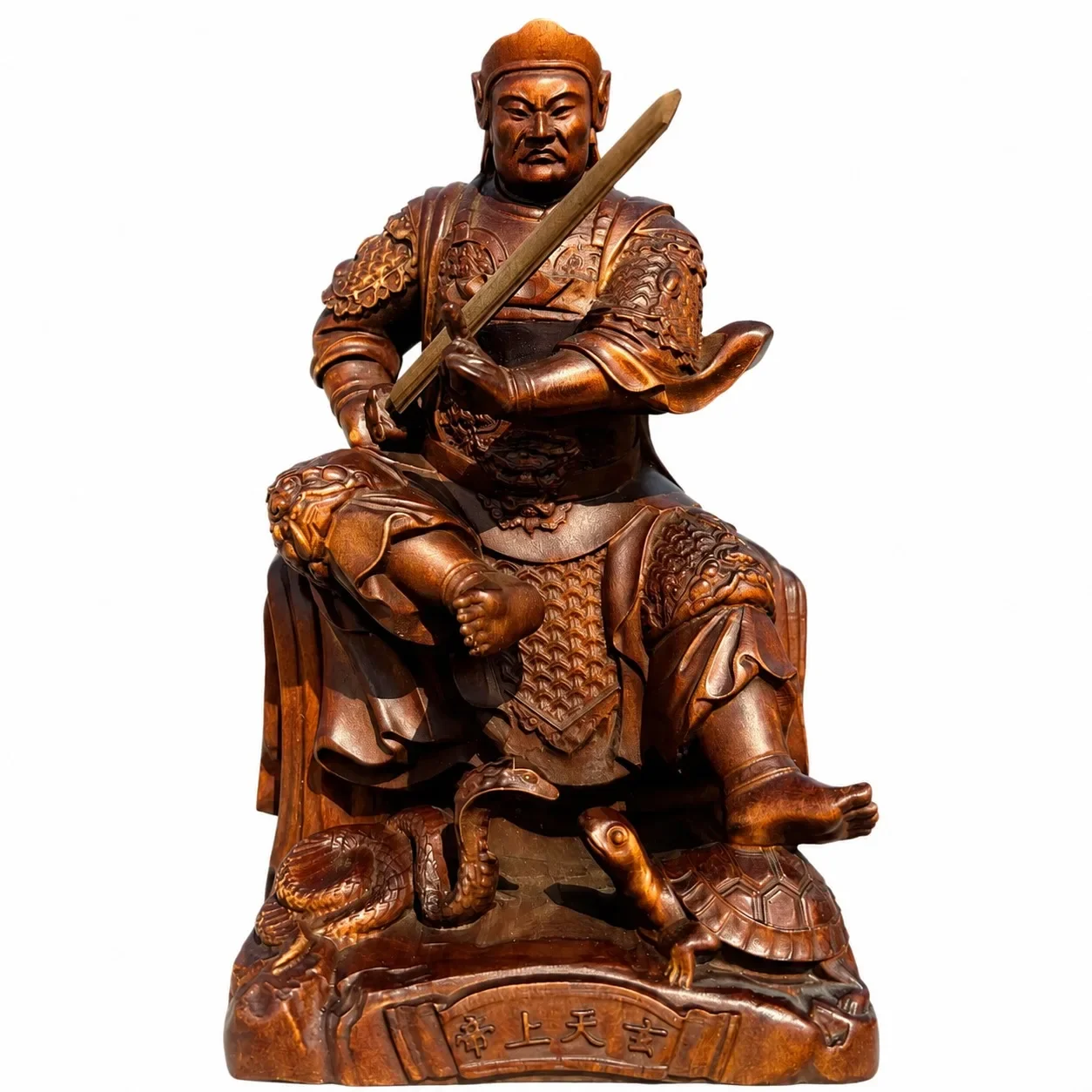 Hand Carved Small Leaf Boxwood Zhenwu Emperor Statue Traditional Chinese Taoist Figurine for Home Living Room Desk Decor
