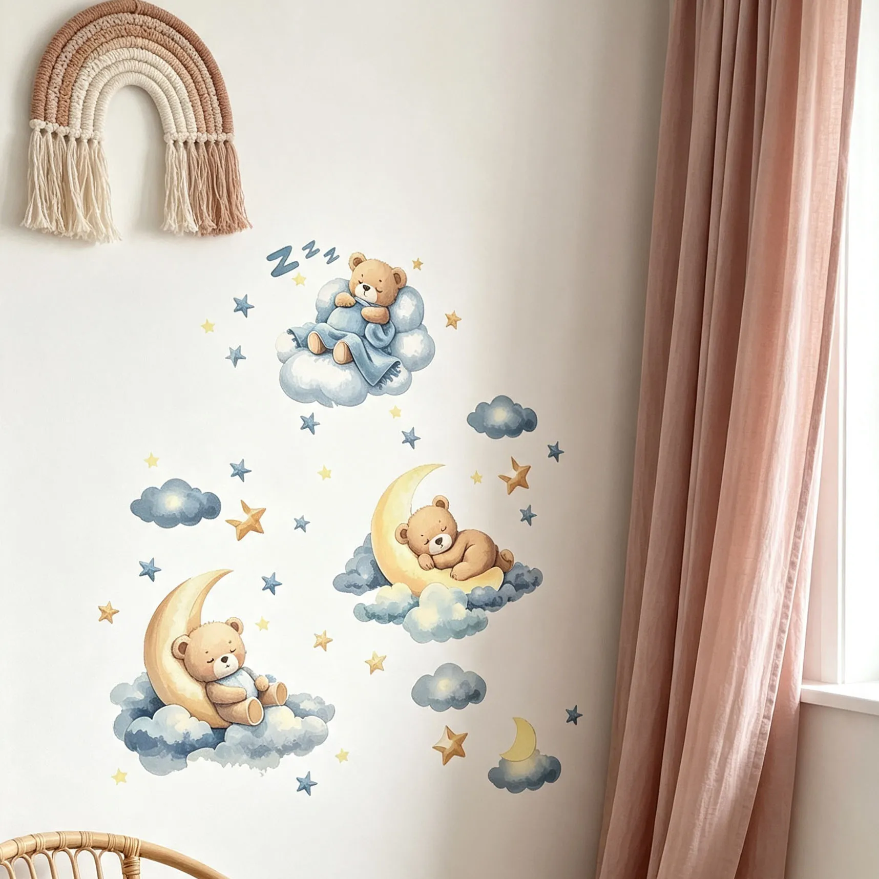 Watercolor Sleeping Teddy Bear Wall Stickers Moon Cloud Stars Zzz Wall Decals Removable Boys Nursery Bedroom Decor