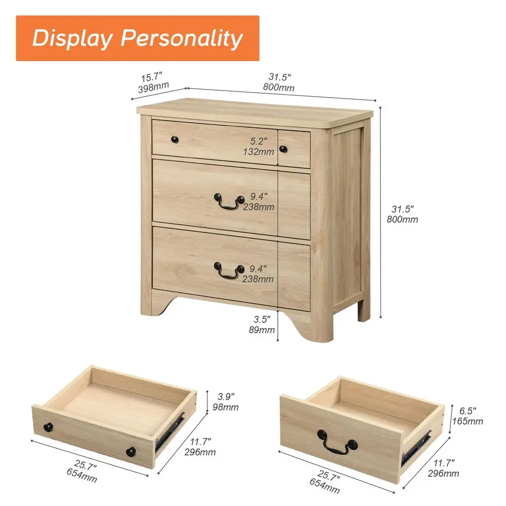 3 Drawer Dresser for Bedroom, 31.5 Farmhouse Dresser, Kids Dressers for Nursery with Wide Chest of Drawers for Bedroom, Living R