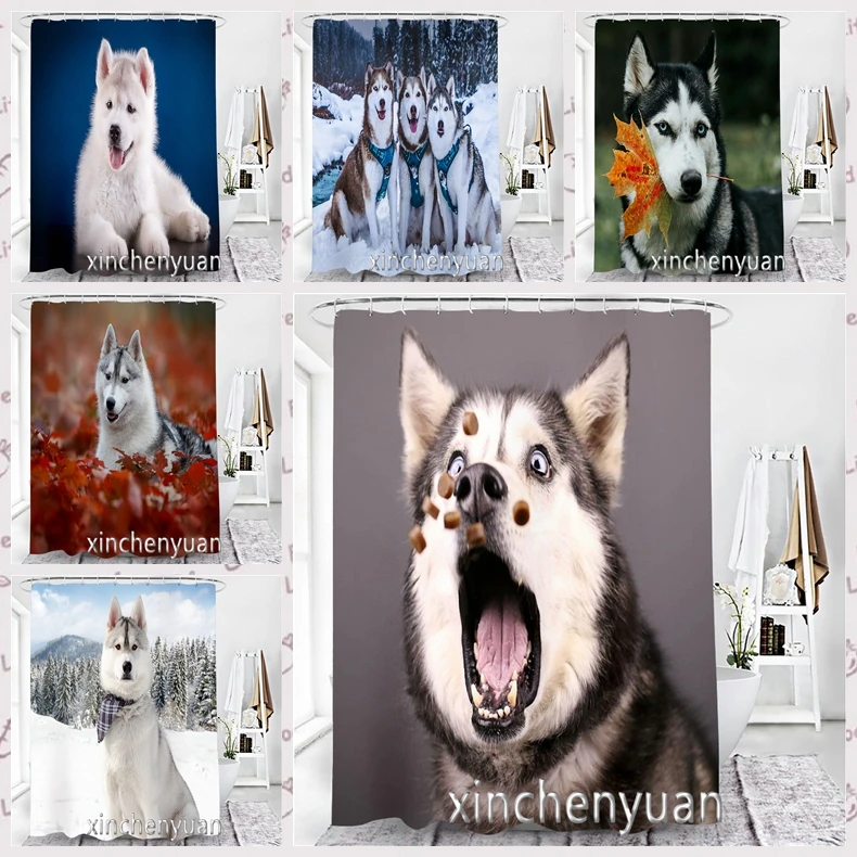 phechion New Creative Husky Dog Waterproof Bathroom Curtain 3d Printed Fabric with Hooks Decoration Shower Curtain M67