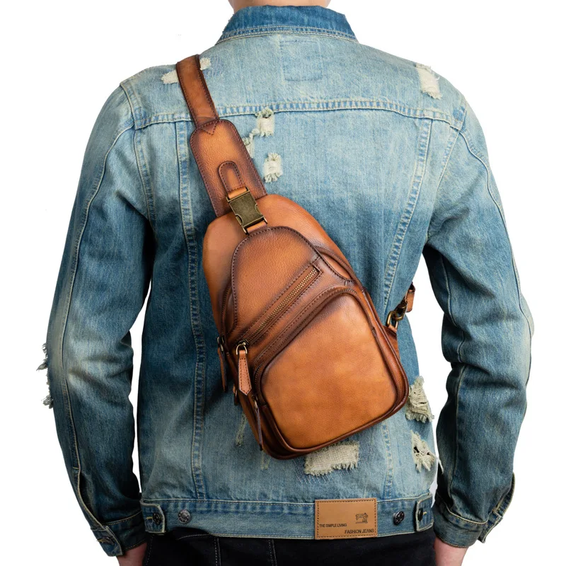 

Высококачественный мужской нагрудный рюкзак из коровьей кожи растительного дубления с замком и молнией для поездок на работу, большой вместительный рюкзак с диагональным пролетом