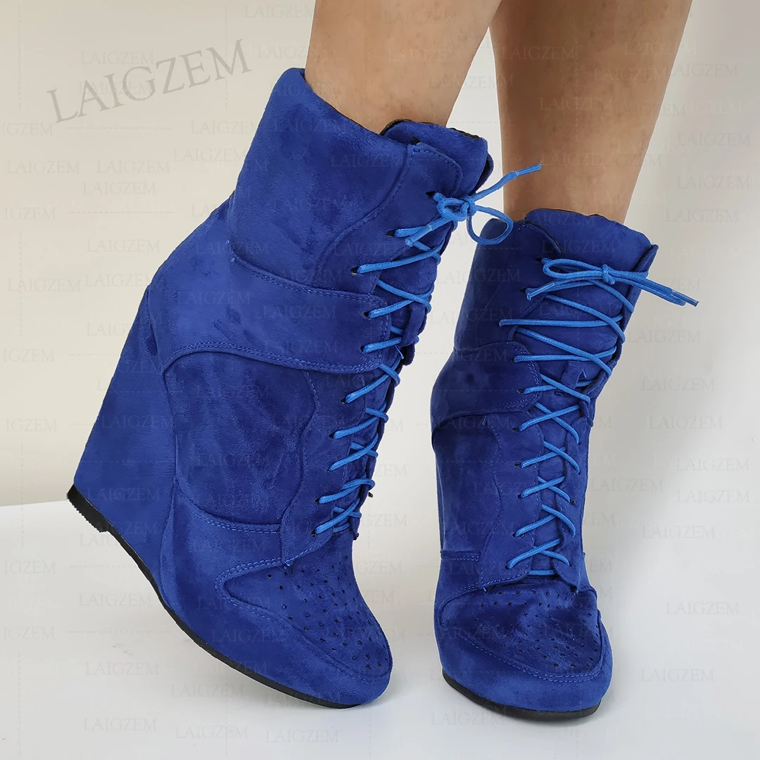 LAIGZEM Women Ankle Boots Wedges Round Toe Lace Up Faux Suede Short Booties Handmade Ladies Shoes Woman Big Size 38 41 44 48 52