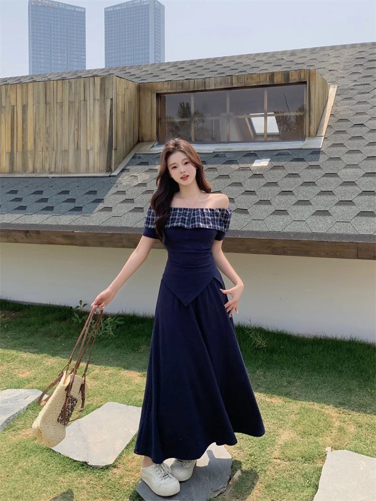 

2 Piece Sets Women Plaid Sexy Off Shoulder Summer Ladies Tops High Waist A-Line Long Skirt Fashion Top Bottom Suit