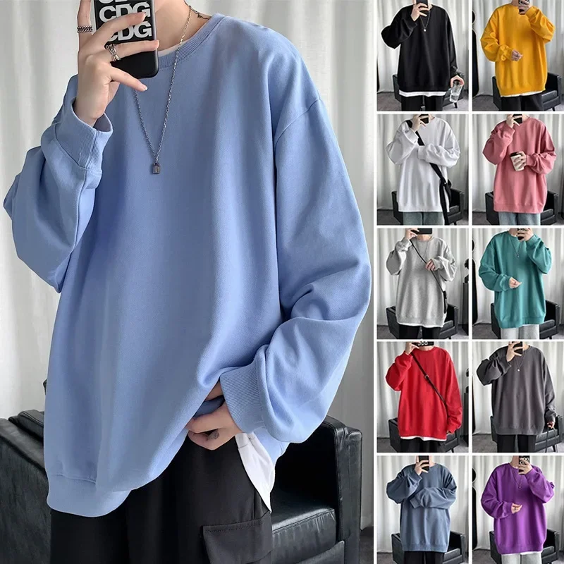 Hong Kong Style Solid Color Sweatshirt Loose Fit Long Sleeve Casual Jacket For Men Trendy Versatile Round Neck Spring Autumn