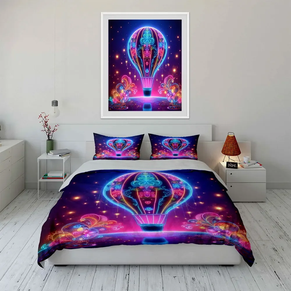 Colorful Hot Air Balloon Decor Bedding Set with 1 Duvet Cover 2 Pillowcases Single Double King Queen, Gift