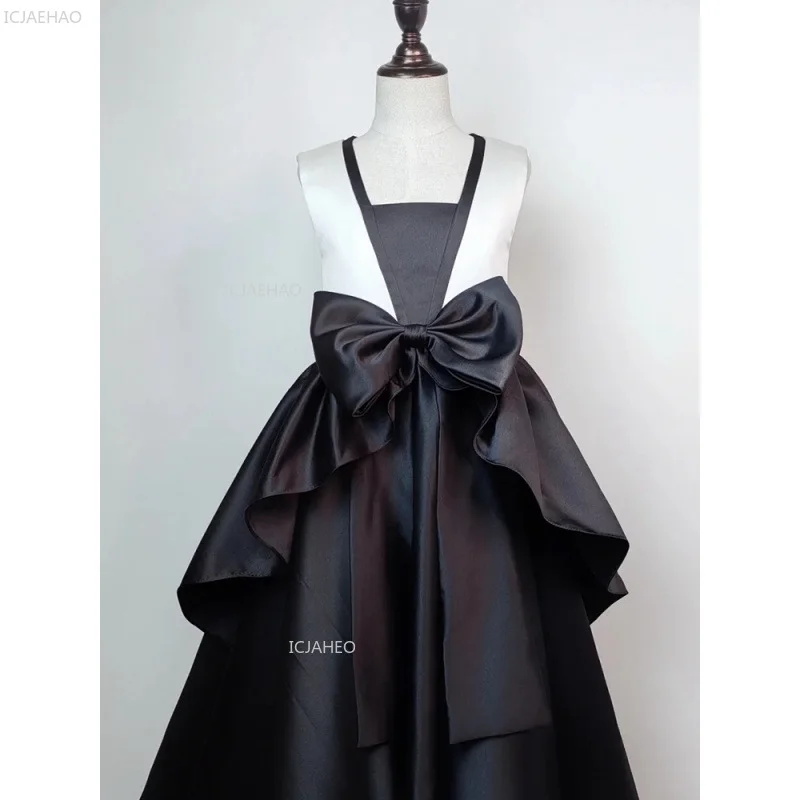 Black White Kids Formal Dress Children Satin Princess Ball Gown for Piano Recital Performance Host Evening Gown Girls Pageant