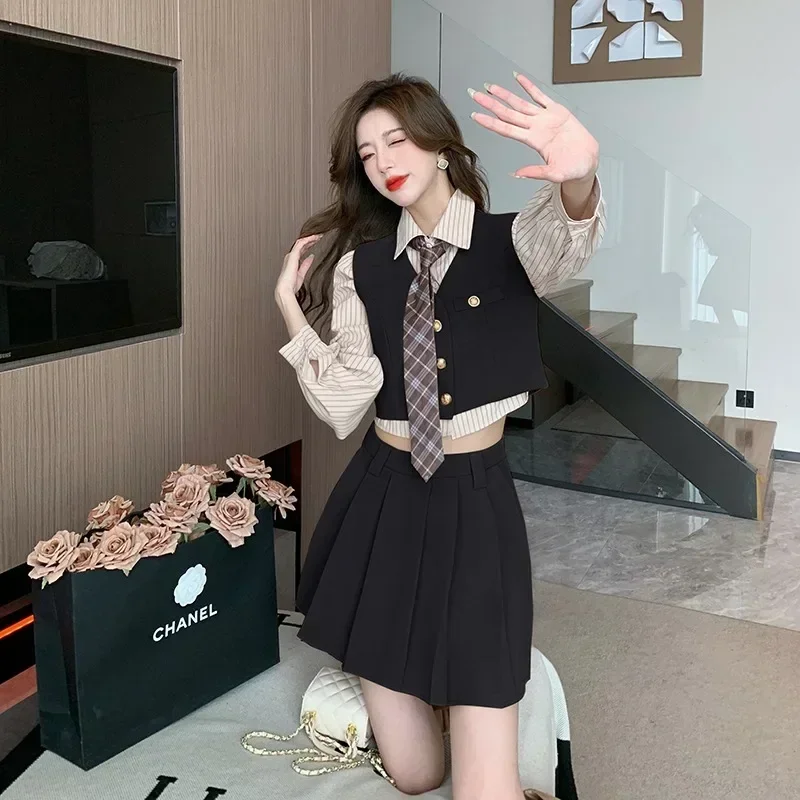 

England Vintage Preppy Dress Sets Women Solid Color Vest Jacket Long Sleeve Striped Shirt Pleated Skirt Three Piece Set Female