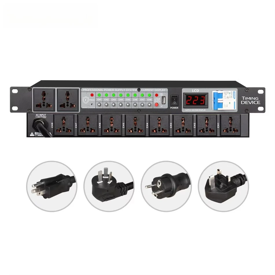 6000W Power Sequencer USB Interface 10-Channel Rack-Mounted Surge Protector AC 100-240V Backlit Display for KTV