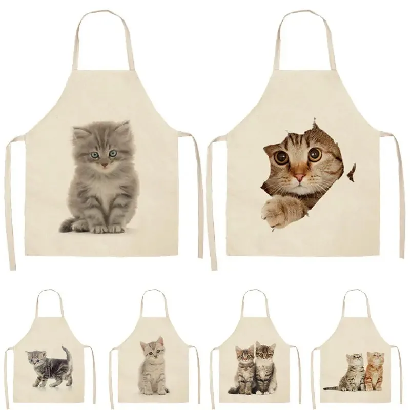 Cute cat home printed kitchen oil-proof apron women\'s apron linen cotton home cleaning bib