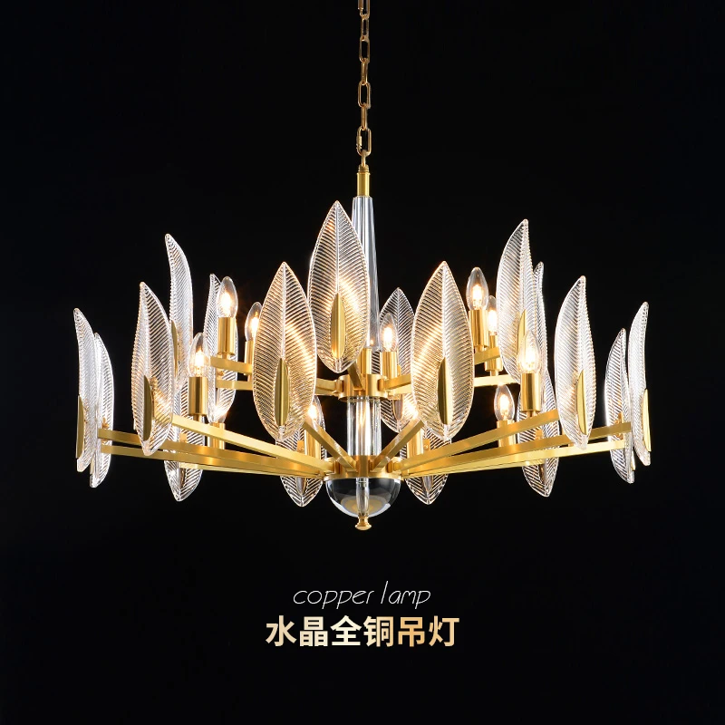 

Modern Luxury Copper Led Chandelier Gold Body Branch Pendant Chandelier Lighting Glass Leaves Shades Hanging Lamp Fixtures