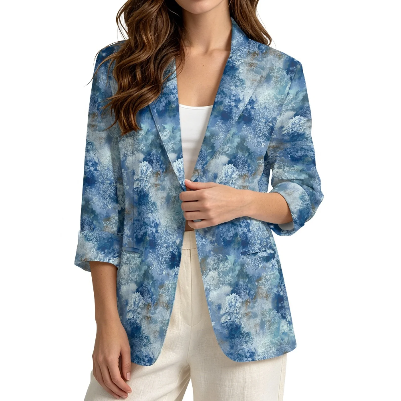 PENSTROLL Blue Floral Print Loose Beach Cover Up for Daily Linen Style Beach Cover Ups S-3XL