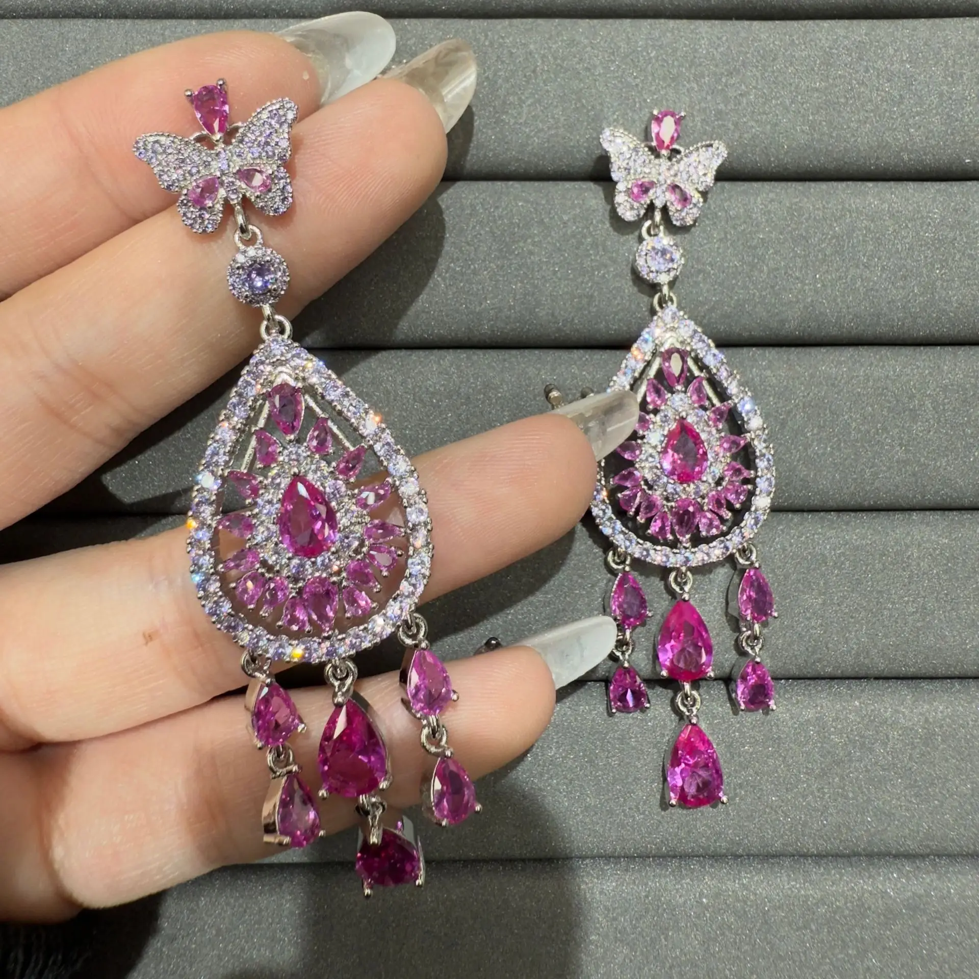 

fashion cubic zirconia earrings for women sweet cute jewelry butterfly and teardrop dangling earrings fushia pink blue yellow