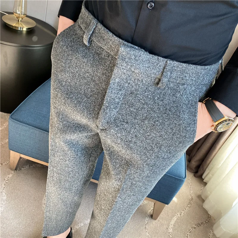 QJ CINGA Winter Woolen Office Suit Pants Men, Slim British Style Wool Business Formal Dress Trousers, Asian Size 29-36, 2025 New