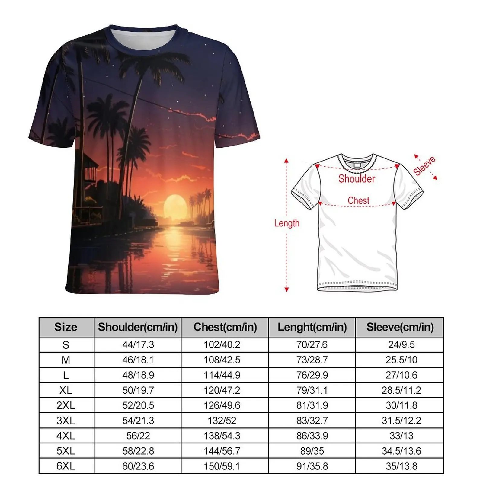 Male Miami Canal Sunset Print T-Shirt  Retro T Shirts Short Sleeves Custom Tops Hot Sale Summer Streetwear Plus Size Top Tees