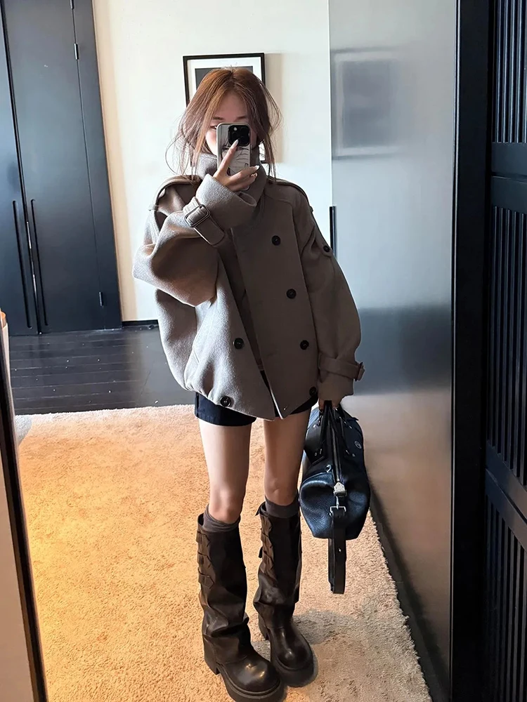 

Hebe Sle Шерстяное пальто премиум-класса, женское зимнее свободное пальто с воротником-стойкой, корейская версия, длинное волокно из полиэстера