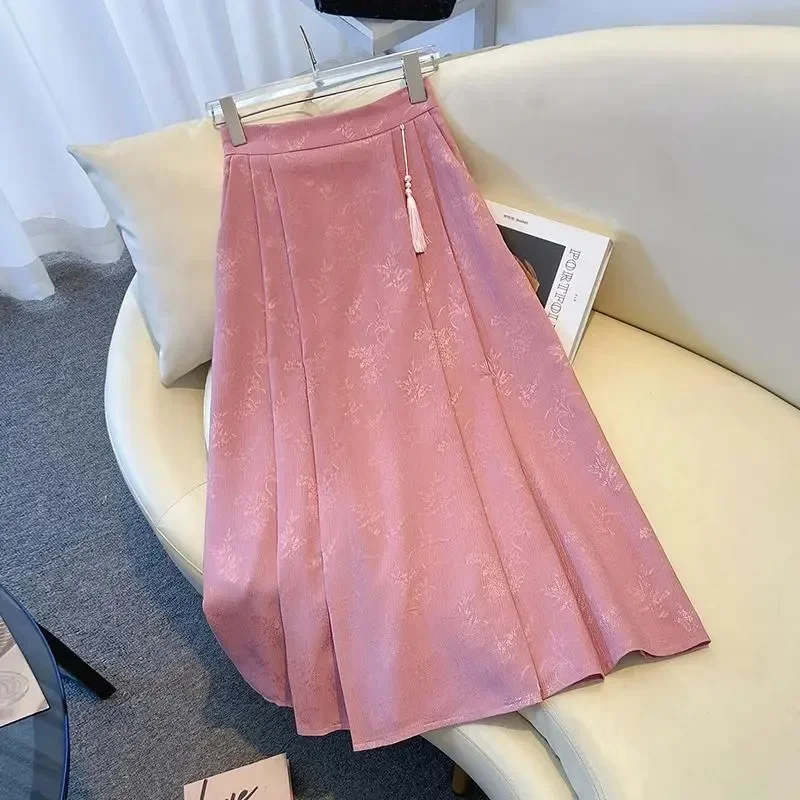 Pop 2024 Fashionable New Chinese Style Jacquard Pleated Skirt High-waisted Slimming Horse Face Skirt For Women Spring Season
