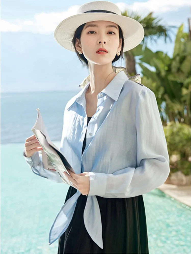 

Summer Women Rayon Bottom Lace Up Short cardigan Casual Thin Breathable Long Sleeved Sunscreen Shirt Loose Street Overshirt