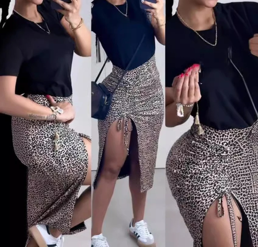 2 Piece Outfit Woman Solid Short Sleeved Top +leopard Print High Waisted Elastic Split A-line Skirt Sets New Summer 2024 Sut