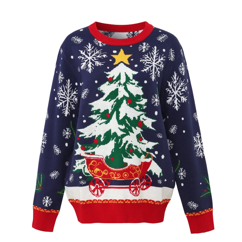 Winter Women's Christmas Sweater High-quality Snowflake Christmas Tree Round Neck Long Sleeved Knitted Sweater Cold Resistant