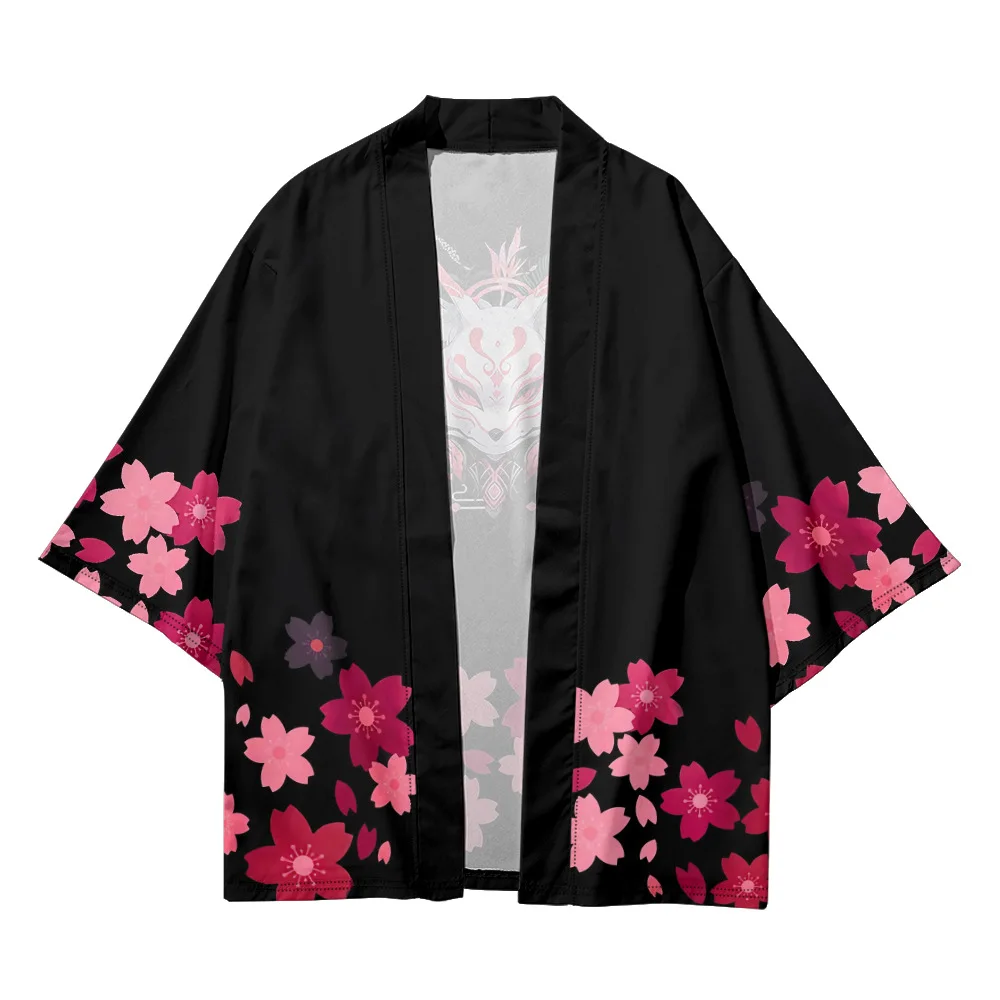 سترة هاوري كيمونو اليابانية للسيدات، قناع ثعلب مطبوع عليه زهور، هدية، ملابس خارجية تقليدية، غطاء فضفاض غير رسمي