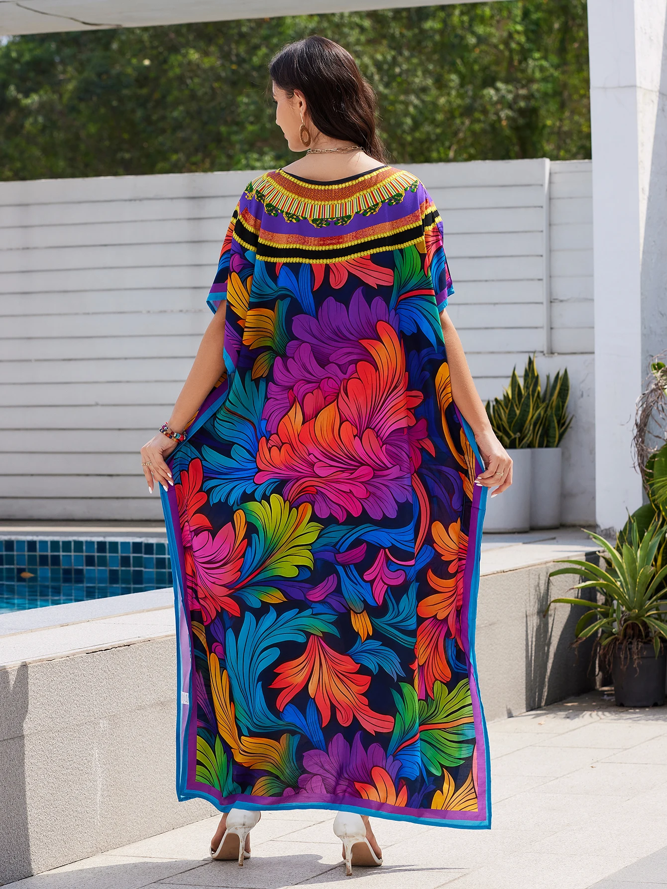 MAKABO Kaftan-jurken voor dames, V-hals Moo Moos Kleurrijke print Cover Ups Kaftan Strandjurken voor badkleding
