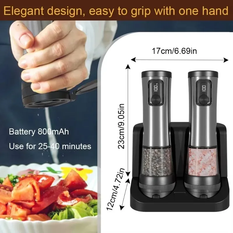 Electric Salt and Set Rechargeable Automatic Salt and Pepper Grinder with Light Emitting Diode Display Adjustable