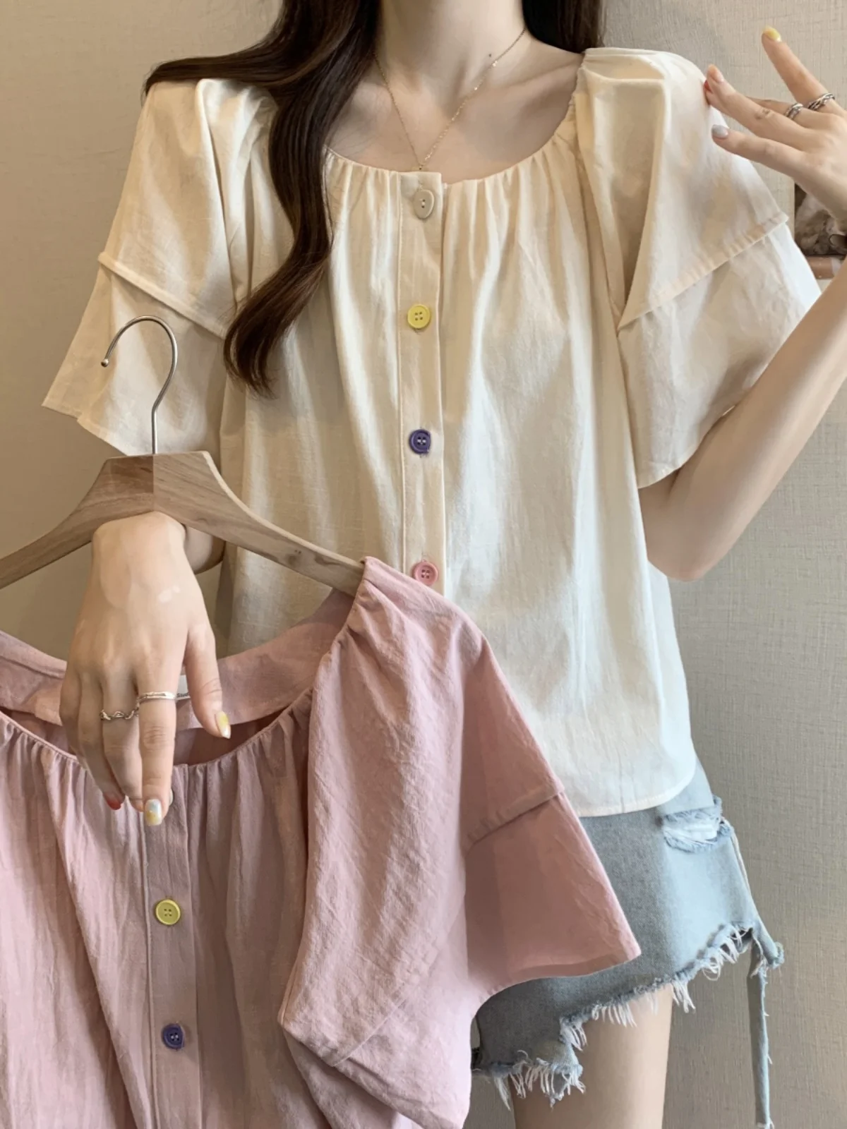 

plus Size Sweet Short Sleeve Shirt Women Summer Elegant Beautiful Casual Blouse Belly Covering Slimming Top Korean Style Cotton