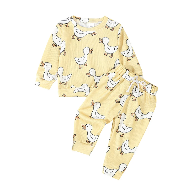 

Baby Boy Girl Fall Outfits Duck Print Long Sleeve Round Neck Sweatshirt with Long Pants Waffled Clothes Set