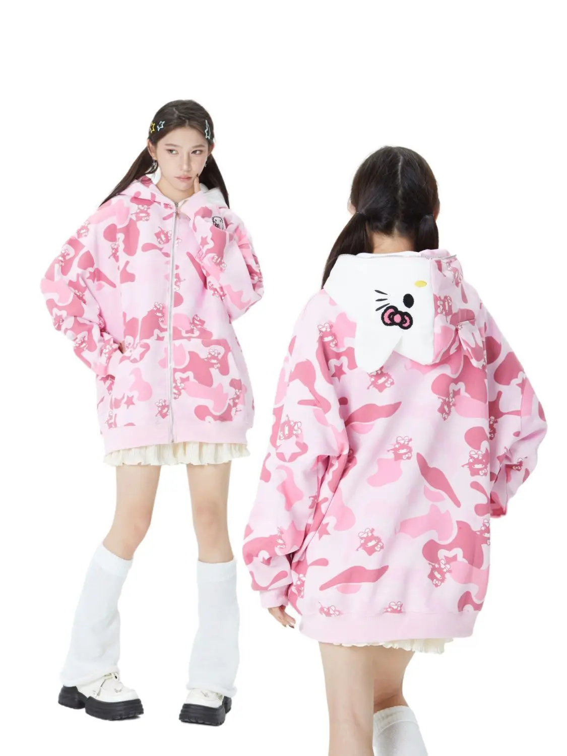 Hello Kitty Y2K Jacket Sanrio Zipper Cardigan Hoodie Camouflage Blouse Sweatshirts Autumn Long Sleeve Sweater Jacket for Female