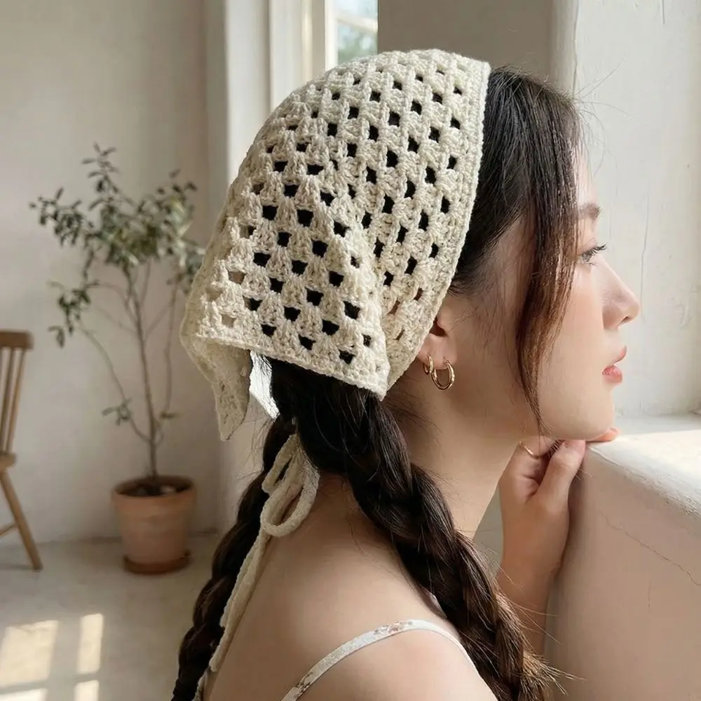 

Sweet Crochet Solid Color Head Wrap Women's Hollow Out Triangle Scarf Headband Spring Summer Triangle Scarf Photo Prop Headwear