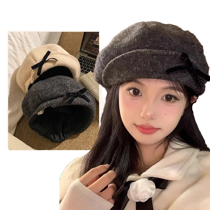 

Retro Bow Design Gray Woolen Octagonal Fashion Berets Cap for Women Autumn Winter Travel Versatile Casual Warm Sweet Painter Hat