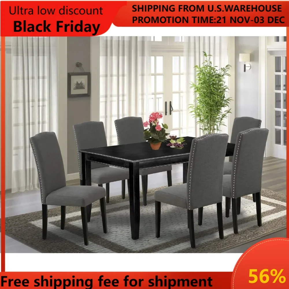 

DUEN7-BLK-20 Dudley 7 Piece Modern Dining Set Consist of a Rectangle Wooden Table and 6 Dark Gotham Linen Fabric Upholstered