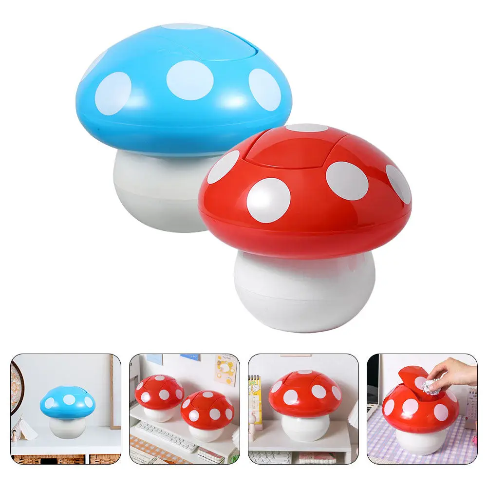 

2Pcs Desktop Garbage Can Small Mini Mushroom Trash Bin Cute Tabletop Waste Container with Lid Office Home Trash Can Cute