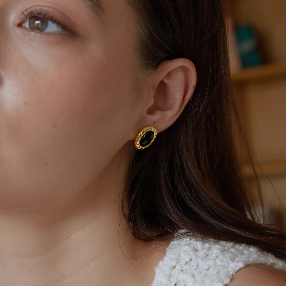 Ars 18K Gold Plated Stud Earrings for Women Stainless Steel Twisted Earring Geometric Black Resin Earrings Waterproof Jewelry