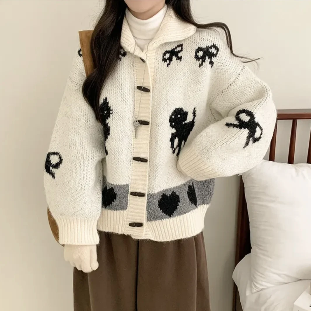

Women's Chic Loose Knitted Woolen Coat Autumn Winter Versatile Lazy Sle Button Detail Dog Or Print Long Sve Top