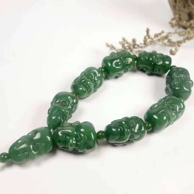 Natural Xinjiang Hetian Jade -Held Hand-Carved Arhat Domineering Men's Bracelet